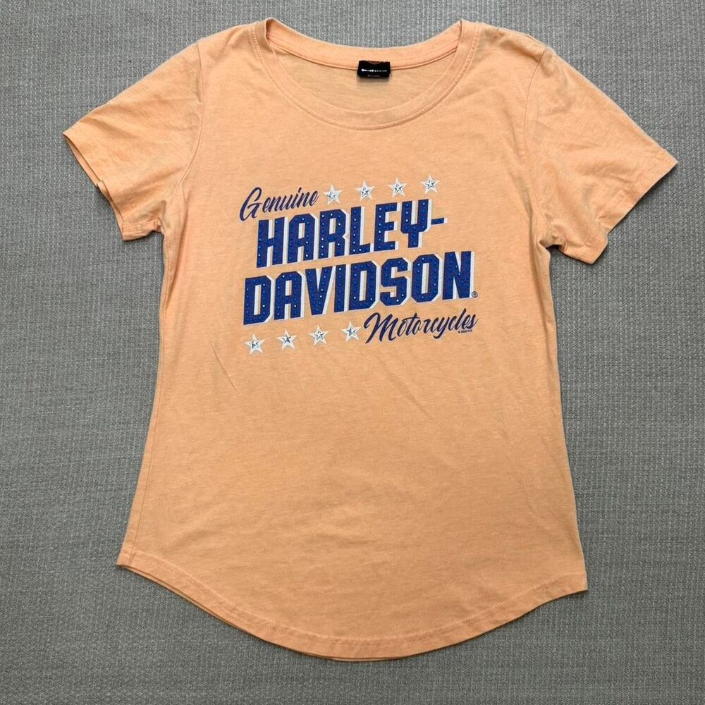 Harley Davidson Pink Orange Women's Biker T-shirt Rhinestone Bling Small 131